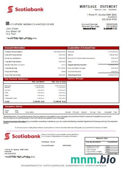 Australia Bank Scotiabank wyciąg z kredytu hipotecznego szablon Word i PDF